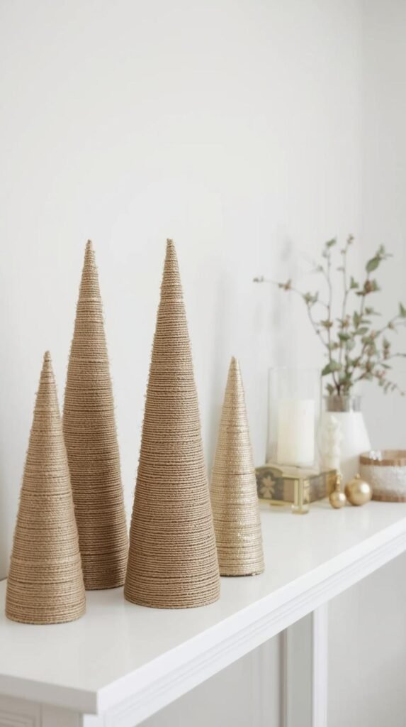 Set of handmade cone trees wrapped in natural jute twine, brushed with metallic gold paint, arranged on a white console table. Neutral palette, minimal accessories like candles and ornaments nearby. Clean, soft lighting, styled like a Pottery Barn catalog shot.