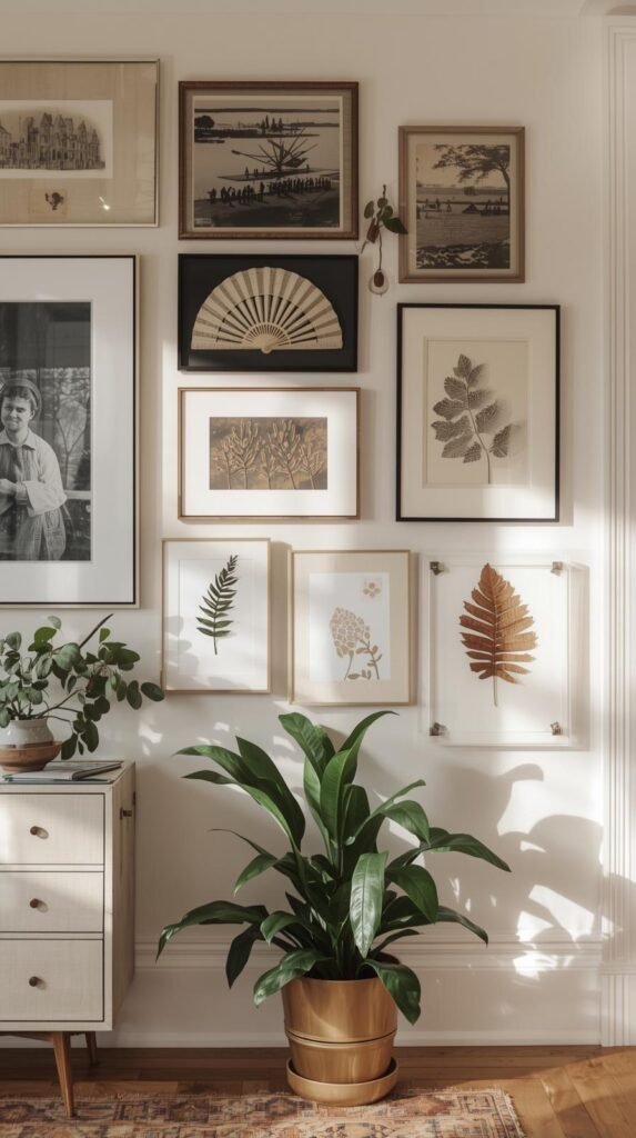 Show a finished eclectic gallery wall filled with a mix of art styles and textures. Include black-and-white family photos, botanical prints, pressed leaves in floating glass frames, and one or two quirky elements like a vintage postcard or woven fan. The background wall should be a warm neutral shade like ivory or taupe, styled with nearby furniture such as a small sideboard and potted greenery. Lighting should be soft and natural, creating a calm yet curated atmosphere.