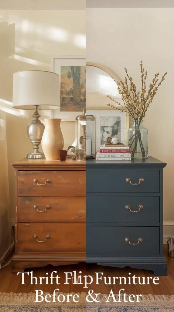 Side-by-side ‘before and after’ of an upcycled dresser the left half old and scuffed, the right half painted and styled with decor like a vase, books, and framed art. Warm, inviting interior with cozy lighting and clean lines. Caption text overlay ‘Thrift Flip Furniture Before & After.