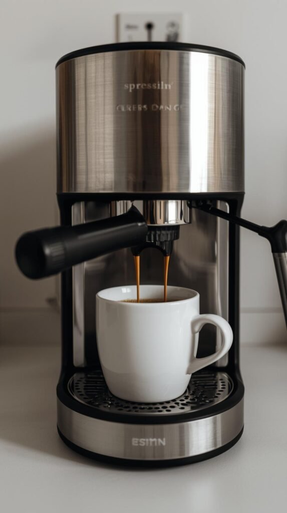 A small modern espresso machine on a kitchen counter or office side table brewing coffee into a sleek white mug.