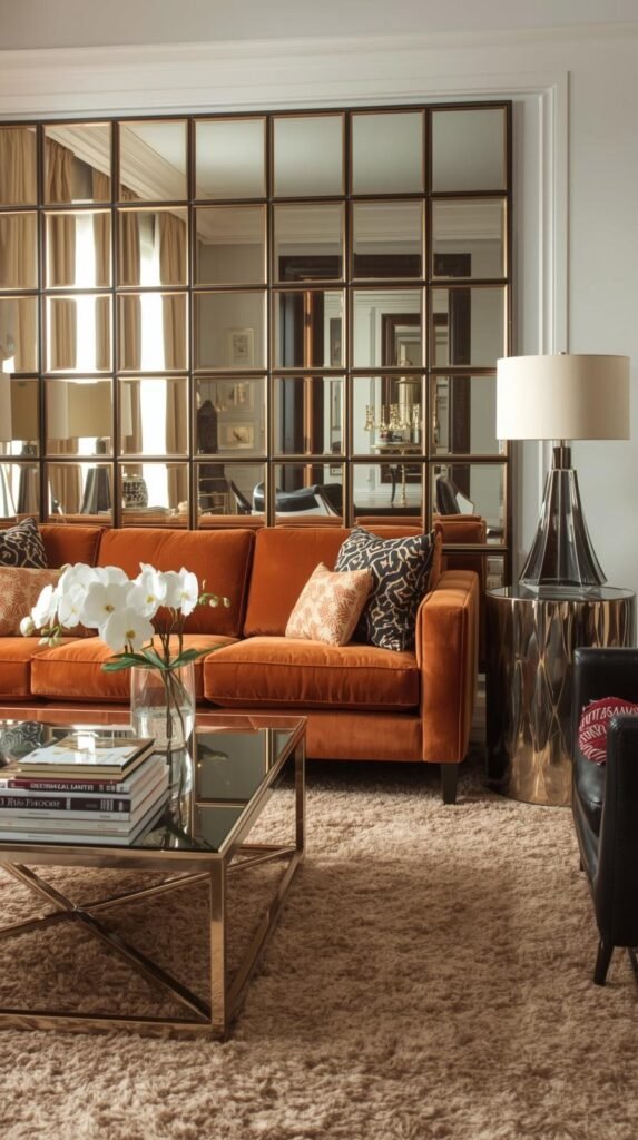 Modern luxury living room with a large grid-style antique mirrored wall that reflects natural light from tall industrial-style windows. A white sectional sofa with gray and black accent pillows sits on a plush gray area rug. In front, a mirrored coffee table displays stacked books and a vase of white orchids. The space is styled with black leather accent chairs, sculptural lamps with cream shades, and metallic side tables. The color palette is monochromatic with silver, charcoal, and white tones, creating a sleek, sophisticated aesthetic with a touch of glam.