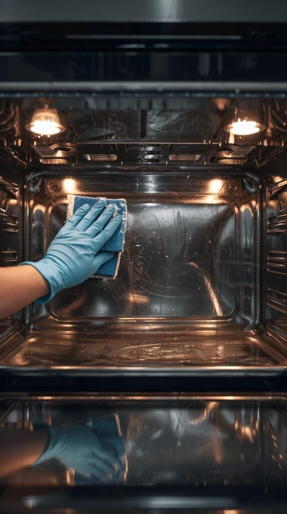 Someone wiping the inside of an oven with a damp cloth or sponge. The oven interior is visibly cleaner on one side to show progress. Include subtle reflections of light on stainless steel to convey freshness and cleanliness.
