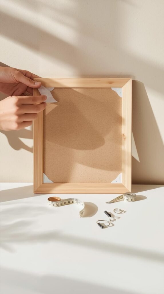 Show a close-up view of someone’s hands applying Command strips to the back of a picture frame against a neutral wall. Include adhesive hooks, measuring tape, and other renter-friendly tools nearby on a clean white table. The composition should emphasize precision and simplicity, demonstrating how easy the no-nail hanging method can be. Lighting should be bright and crisp, with soft reflections highlighting the materials.