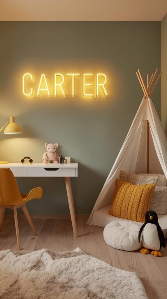 Stylish and cozy modern kids’ bedroom with a warm, playful design. The room features a sage green accent wall with a glowing yellow neon sign spelling the name ‘Oliver Finn’ in uppercase and script fonts. A sleek white desk with wooden legs and a mustard yellow desk lamp sits beside a soft reading nook featuring a small tent with cozy pillows and a chunky knit cushion in mustard tones. A plush rug with soft neutral hues and subtle polka dots adds warmth, while a mustard velvet chair with a cute penguin plush toy adds personality. The lighting and textures create a perfect balance of comfort, creativity, and modern design.