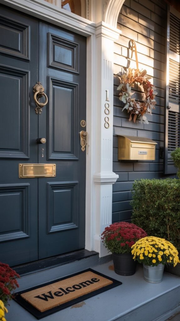 Stylish fall front entry with upgraded hardware and warm metallic accents. A freshly painted front door in a rich seasonal tone—like deep charcoal, forest green, or warm terracotta—features elegant aged brass or matte black hardware. The new door knocker, handle, and house numbers coordinate in a cohesive finish, creating a refined and intentional look. A sleek bronze or black mailbox complements the design, while subtle fall decor—like a small wreath, potted mums, or a cozy doormat—adds seasonal charm without clutter. Soft afternoon light highlights the metallic details, making the entry feel warm, polished, and perfectly ready for fall.