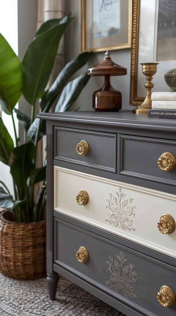Stylish finished furniture piece with new gold hardware, painted two-tone drawers, and stenciled accents. Shot in a modern living room with plants, books, and framed art. Focus on textures: metallic pulls, matte paint, and subtle sheen contrast