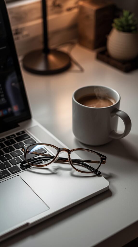 A pair of stylish glasses on an open laptop keyboard beside a cup of coffee, warm desk lighting and modern accessories.