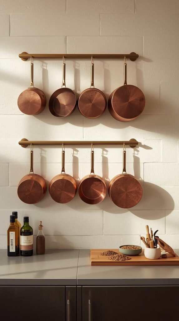 “Stylish kitchen wall display featuring hanging copper pots and pans with brass handles. The cookware is neatly arranged on three horizontal metal bars with hooks, mounted against a cream shiplap wall. The collection includes a variety of pan sizes and shapes, showcasing a warm, rustic patina. The setup is adjacent to a modern kitchen counter with olive oil bottles, a small bowl, and spices, creating a cozy blend of rustic charm and contemporary functionality. Natural lighting enhances the rich tones of the copper, making the wall both decorative and practical.”