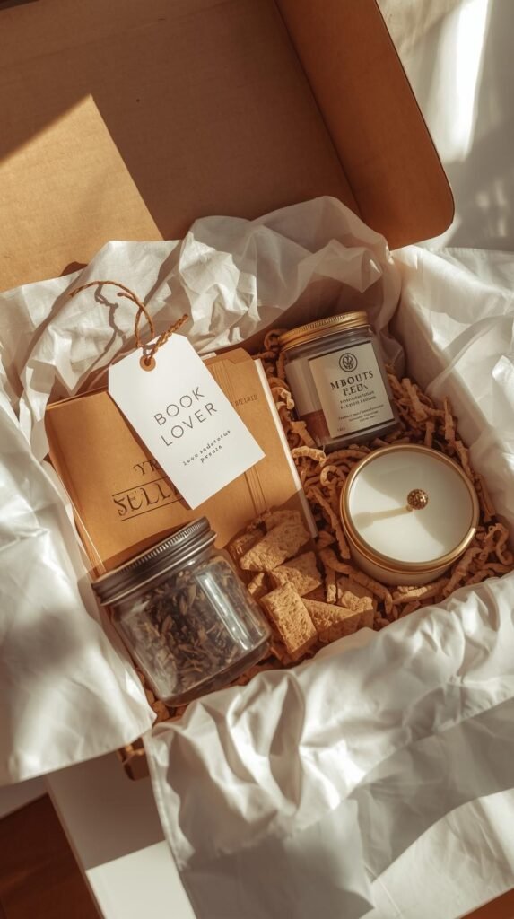 Subscription box on a table with a new book, tea, candle, and snacks inside. 