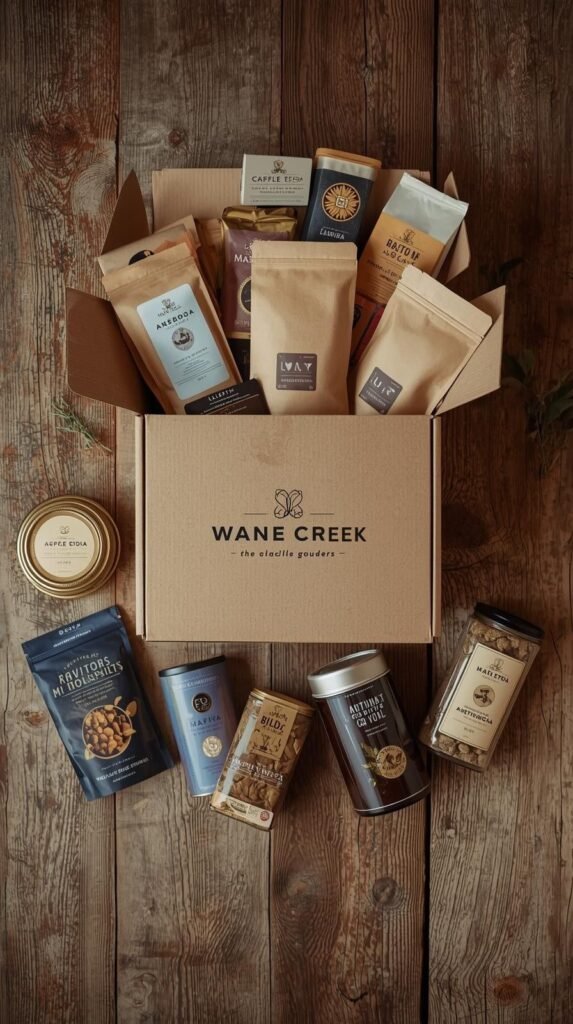 A flat lay of subscription items like coffee bags, tea tins, and snacks spilling from a branded delivery box on a wooden table.