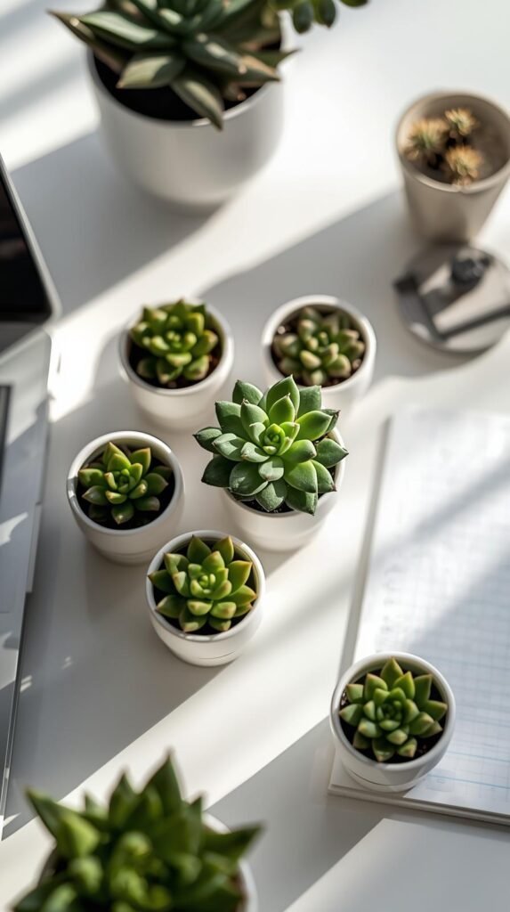 A group of small succulent plants in white ceramic pots placed near a laptop and notepad, bright natural light and clean desk setup.