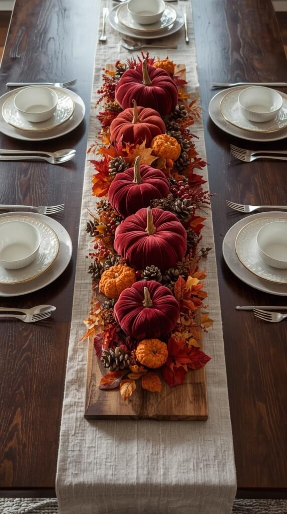 Rustic fall table centerpiece arranged on a long wooden serving board placed down the center of a dark wooden dining table. The decor includes soft sage green, ivory, and white pumpkins of varying sizes, mixed with greenery, small buds, and eucalyptus leaves. Warm candlelight from votives and mason jars adds a cozy glow, creating an intimate farmhouse ambiance. A pale neutral table runner underneath ties the look together for a minimalist, organic fall aesthetic. Soft ambient lighting, warm and inviting, high-resolution lifestyle photography.
