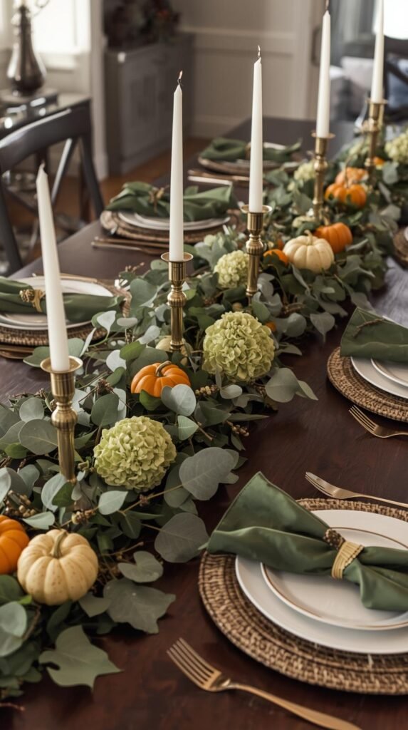 “Elegant fall dining table centerpiece with a lush natural garland running the length of a dark wood table. The arrangement includes magnolia leaves, green hydrangeas, ivy, and small orange and white pumpkins for a harvest-inspired look. Brass candlesticks with tall white taper candles add height and sophistication. Each place setting features woven chargers, white plates, and green satin napkins with gold rings. The overall atmosphere is warm, cozy, and inviting — perfect for a fall or Thanksgiving gathering. Soft natural light, high-resolution lifestyle photography, modern farmhouse style.”