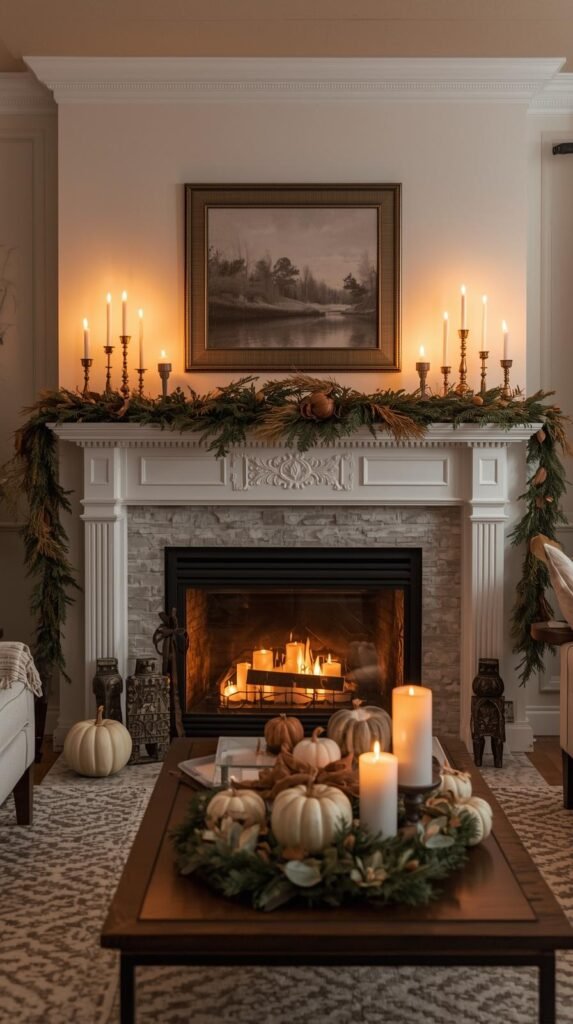 A finished Thanksgiving living room showing a styled mantel glowing in candlelight. Cozy atmosphere with garland, greenery, and minimal Thanksgiving accents. 