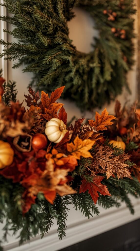 Close-up of a Thanksgiving mantel decorated with a lush garland of greenery, faux leaves, and mini pumpkins. A round wreath hangs above the mantel. Earthy tones and cozy autumn atmosphere.