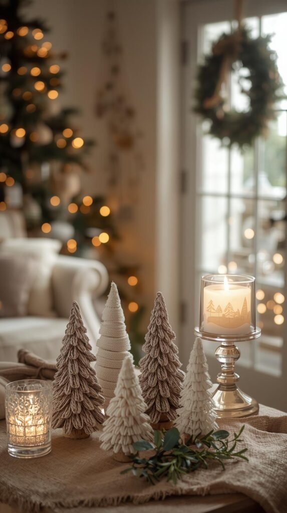 Cozy living room styled with all the finished crafts: twine trees on the console, frosted candles on the table, velvet wreath on the door, and glowing village display. Balanced composition showing multiple textures—velvet, burlap, glass, greenery. Warm natural lighting, soft bokeh background, editorial home décor aesthetic.