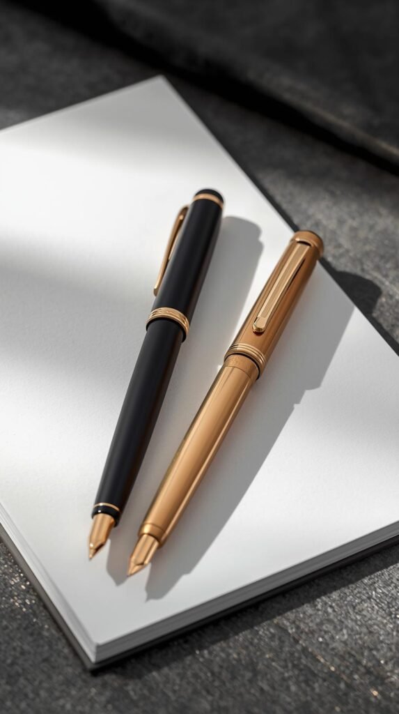 Two elegant pens in matte black and gold resting on a notepad, minimal background with high-end executive style.
