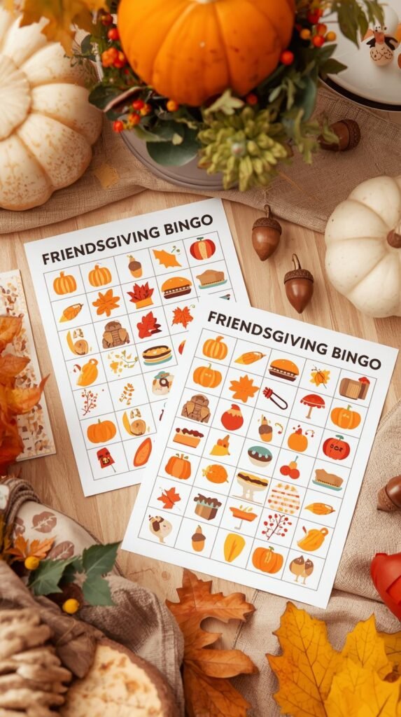 A bright, cheerful flat lay of two ‘Friendsgiving Bingo’ cards placed on a decorated dining room table.