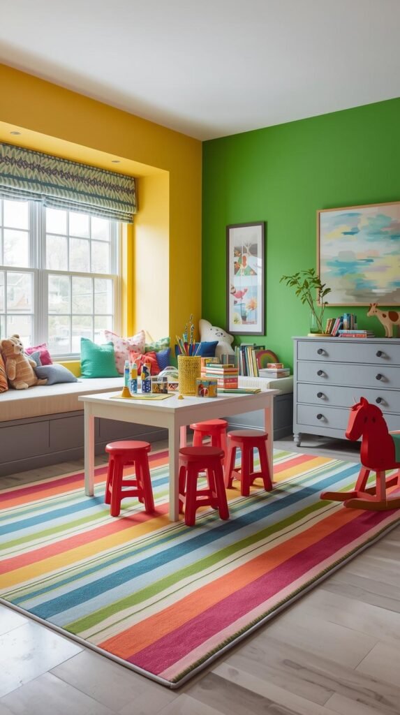 Vibrant and playful children’s playroom filled with color and creativity. The space features a bright yellow accent wall and a cheerful green wall, with a large window seat covered in colorful cushions. A small table with red stools serves as a crafting and play area, sitting on a rainbow-striped rug that energizes the room. Toys, stuffed animals, and books are neatly arranged, with a gray dresser and a red wooden rocking horse adding charm. The room is bathed in natural light, creating a fun, happy atmosphere perfect for learning and imagination.