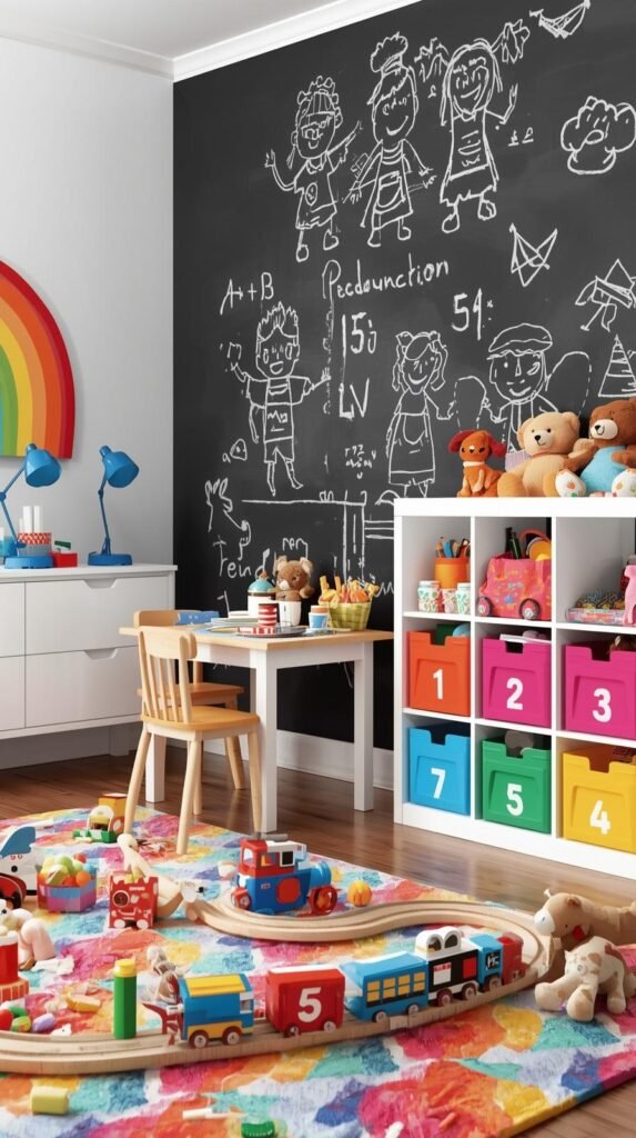 Vibrant and playful kids’ playroom with a creative learning vibe. The room features a large chalkboard wall with cheerful crayon characters drawn in white chalk, inviting imagination and doodling. A small wooden table and chairs sit nearby with pretend food toys arranged neatly on top. The space includes a bright white cubby storage shelf filled with colorful bins labeled with numbers 1, 2, and 3 in red, green, and blue. Soft toys and stuffed animals add a cozy touch. On the left, a white dresser with playful blue and magenta lamps sits under a rainbow-colored wall art piece. The floor features a multicolored striped rug with a wooden train track, blending fun and function in this cheerful, modern kids’ play space.