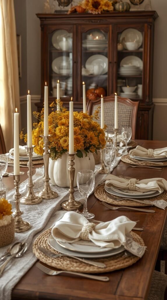 “Warm and inviting fall dining room with a rustic wooden table decorated for autumn. The centerpiece features large orange pumpkins filled with yellow chrysanthemums, surrounded by silver candlesticks with glowing taper candles. Each place setting includes woven chargers, cream plates, linen napkins, and crystal goblets. The background shows a dark china cabinet filled with white dishware and fall decor, lit by natural sunlight filtering through sheer curtains. Cozy, elegant farmhouse atmosphere with warm tones, flickering candlelight, and a welcoming Thanksgiving or harvest vibe. High-resolution lifestyle photography