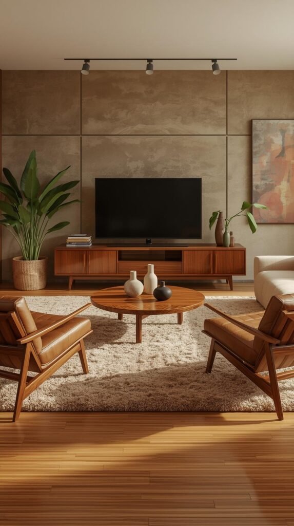 Warm mid-century modern living room with earthy tones and organic textures. The space features sleek wooden furniture with clean lines, including a walnut media console, armchairs with leather cushions, and a matching round coffee table set. A large flat-screen TV is mounted above the console, surrounded by modern wall art and sculptural decor. Neutral upholstery, soft beige rugs, and natural wood flooring create a cozy and inviting ambiance. Green plants add freshness and balance to the space, while layered lighting and minimalist accessories complete the sophisticated retro-inspired aesthetic.