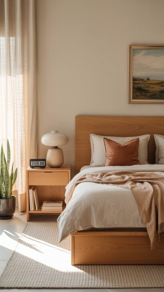 Warm, minimalist bedroom with a Scandinavian-Japandi aesthetic. The room features a natural oak platform storage bed with built-in drawers, dressed in soft white bedding with neutral beige and rust accent pillows. A cozy woven throw drapes casually across the bed. Beside it, a simple oak nightstand holds a ceramic table lamp with a rounded base and a small digital clock. The walls are painted in a warm sand tone, complemented by a framed landscape painting above the bed. A tall wooden bookshelf displays neatly arranged books and pottery, while a potted snake plant and a floor basket add organic texture. The space feels calm, natural, and perfectly balanced with sunlight filtering in softly across a light woven rug.
