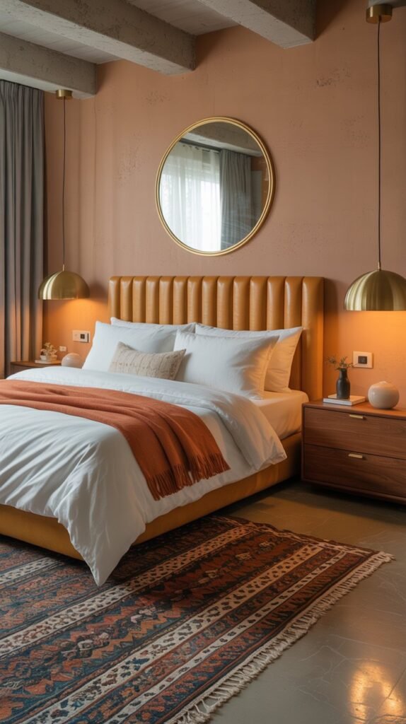 Warm, modern industrial bedroom with a cozy yet sophisticated vibe. The room features terracotta-colored plaster walls with exposed concrete beams and black ceiling pipes. A plush camel-colored upholstered headboard with vertical tufting frames a bed dressed in crisp white bedding, topped with a rust-orange throw blanket. On either side, walnut nightstands with brass hardware. Above the nightstands, oversized gold dome pendant lights hang, casting a soft glow. A round brass-framed mirror is centered above the bed, reflecting subtle details from the room. Floor-length gray curtains add depth, while a patterned kilim rug in earthy tones of rust, cream, and black grounds the space with texture and warmth. The overall aesthetic is a perfect blend of modern industrial and mid-century warmth.