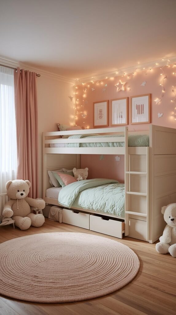 Whimsical and modern kids’ bedroom with a soft, dreamy aesthetic. The room features a light blush pink accent wall adorned with glowing string lights shaped like stars and constellations, along with playful framed art. A cream-colored triple bunk bed includes two twin beds on the bottom and one elevated bed on top, all with mint green bedding and quilted headboards. Each bed has built-in storage drawers underneath for toys or linens. The space is decorated with cozy touches like a giant teddy bear in the corner, a plush polar bear toy on the floor, and a round braided rug in pastel mint and blush tones. Natural light filters through pink curtains, completing the cozy and cheerful atmosphere