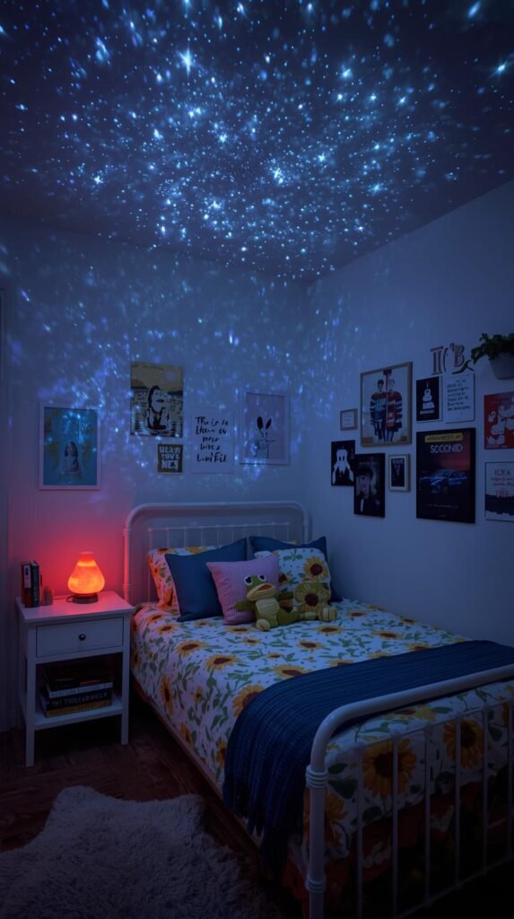 Whimsical teen bedroom bathed in galaxy projector lights that cast thousands of tiny blue stars across the ceiling and walls, creating a dreamy night-sky effect. The space features a vintage-style white metal bed frame with sunflower-patterned bedding and blue accent pillows, including a cute French bulldog pillow wearing glasses and a plush frog cushion. A small white nightstand holds a red lava lamp, books, and cozy decor. The walls display a mix of inspirational and colorful artwork, while soft ambient lighting enhances the cozy, creative vibe. The room feels playful, relaxing, and filled with personality — perfect for a teen who loves stargazing and self-expression.