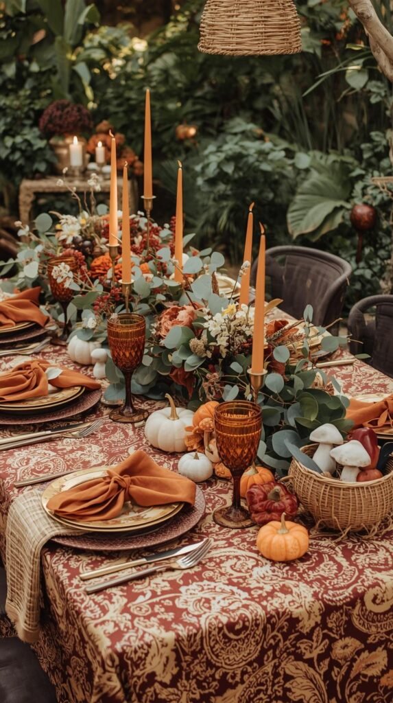 Whimsical woodland-inspired fall tablescape set outdoors, surrounded by lush greenery. The table features a richly patterned paisley tablecloth in warm autumn hues of rust, gold, and cream. The decor includes velvet pumpkins, faux mushrooms, amber glassware, and miniature owls for a cozy, storybook charm. Golden taper candles, rattan baskets, and woven lamp shades add warmth and texture. Each place setting includes layered plates with gold accents, burnt orange napkins tied in bows, and bamboo flatware. Floral arrangements of eucalyptus, berries, and cream blooms create a lush centerpiece. Soft daylight filters through the garden, enhancing the rustic yet magical harvest atmosphere. High-resolution lifestyle photography