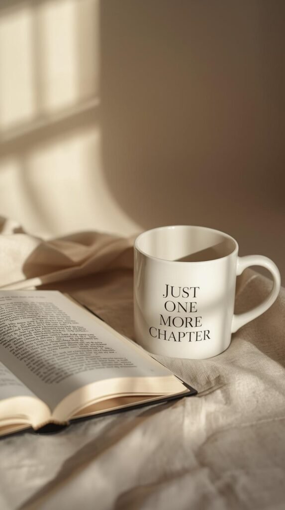 Flat lay of a white mug with quote text like “Just One More Chapter” beside an open book, candles, and a cozy sweater. 