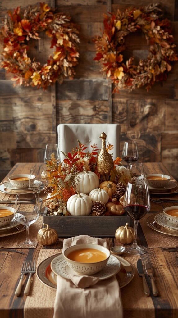 Elegant Thanksgiving dining table decorated in warm autumn tones with a rustic, cozy ambiance. The centerpiece features white pumpkins, pinecones, orange and gold leaves, and small floral accents arranged in a wooden trough. A metallic gold turkey figurine sits prominently at one end of the table, adding a festive touch. Each place setting includes neutral dishware, soft beige napkins, and bowls of soup, paired with wine glasses filled with red wine. In the background, a wooden wall is adorned with two fall wreaths made of orange and gold foliage, and metallic pumpkins add shimmer and depth. Natural daylight enhances the rich textures and warm tones, creating a sophisticated harvest-inspired tablescape. High-resolution lifestyle photography