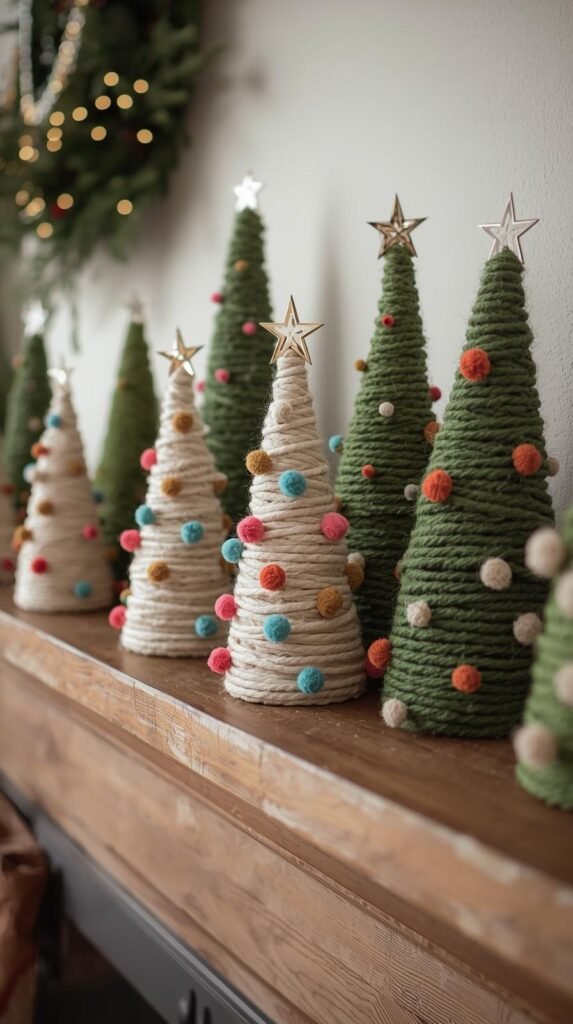 A group of small yarn-wrapped cone Christmas trees on a mantel. Decorated with mini pom-poms and star toppers. Neutral background, cozy holiday styling