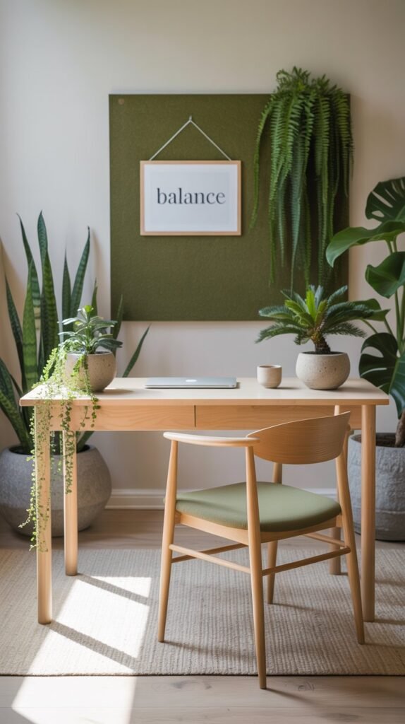 A calming Japandi office that brings the outdoors inside, styled with muted greens, pale wood, and organic stone textures. At the center sits a pale birch desk, light and airy, acting as the natural anchor of the space. A curated plant collection—including a cascading string of pearls, a feathery asparagus fern, and a sculptural bonsai ficus—is arranged in matte stone planters, serving as living décor. Behind the desk, a moss-green felt pinboard adds a touch of function while introducing soft texture and subtle color. A natural oak chair with sage green upholstery blends seamlessly with the plant-rich palette, offering comfort and cohesion. On the floor, a cotton-wool reversible rug layers understated texture underfoot, breathable and organic. The overall design feels serene, uncluttered, and refreshing—plants and natural textures styled as sculptural elements in a Japandi space that balances focus with calm.
