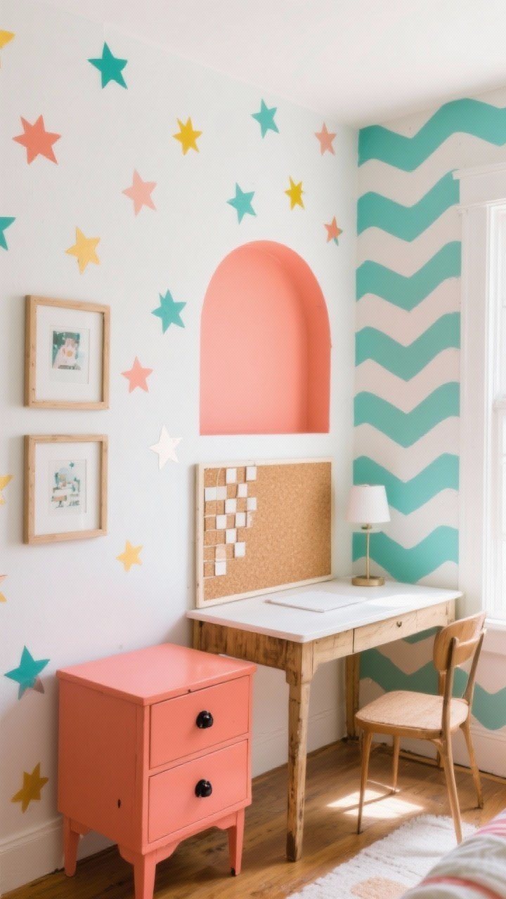 A medium shot of budget-friendly DIYs in action: a wall with peel-and-stick star decals arranged playfully; a painted arch in a coordinating color framing a desk area; a thrifted nightstand painted a bold coral with new matte black hardware; a custom corkboard made of framed cork tiles painted to match the palette; a mini mural on an adjacent wall with a wavy stripe in two coordinating colors; bright natural light
