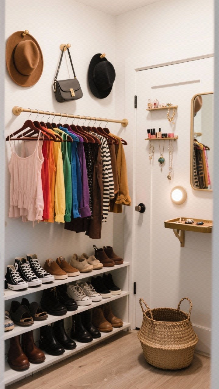 A straight-on medium shot of a mini boutique-style closet: matching slim velvet hangers in a row, clothes arranged in rainbow order; open display wall pegs showing hats and crossbody bags; low shoe shelves with neatly lined sneakers and boots; an over-the-door organizer holding jewelry and makeup; a small motion-sensor puck light glowing; a woven donation basket on the floor; a petite vanity tray with mirror on a side shelf