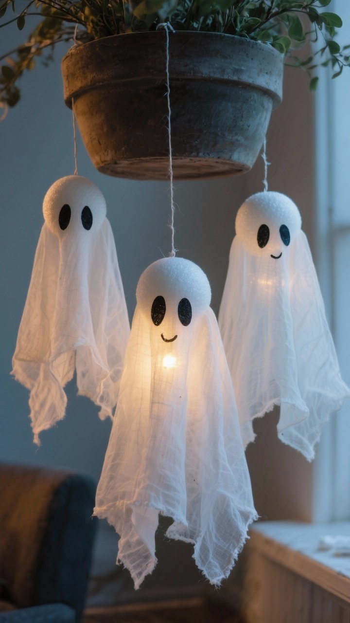 Closeup detail of DIY airy ghosts: three cheesecloth ghosts clustered at varying heights, draped over foam ball heads and stiffened for shape, hung with invisible fishing line above a planter; soft oval eyes painted with fabric paint for a friendly vibe; tiny LED tucked inside one ghost for a subtle nighttime glow; twilight ambiance.