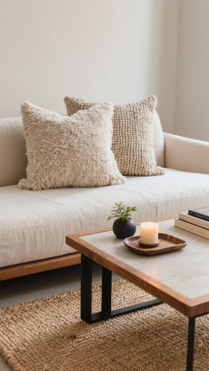 Closeup detail of textures: bouclé and linen pillows on a sofa, the weave clearly visible; a natural-fiber jute/sisal rug grounding below; warm wood frame and matte black metal accent on a small object; a tray with a candle, a book, and a tiny plant on a pared-back surface; soft side lighting to reveal texture depth.