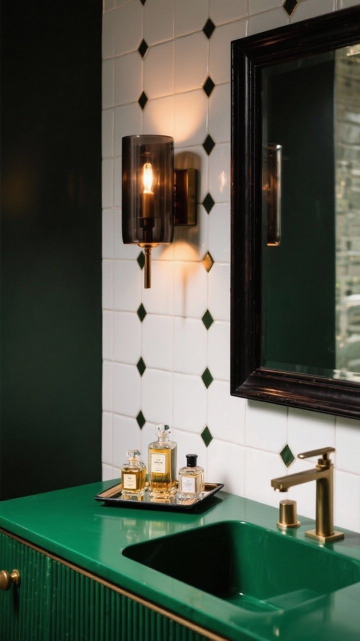 Closeup/medium vignette: Emerald green vanity topped with a mirrored tray holding a vintage perfume bottle collection. On the wall, smoked glass cylinder sconces in dark bronze glow like theater lights beside an ebony-stained mirror frame. White square wall tiles with dark grout and subtle brass inlays provide a modern-graphic backdrop. Rich, moody illumination, photorealistic.