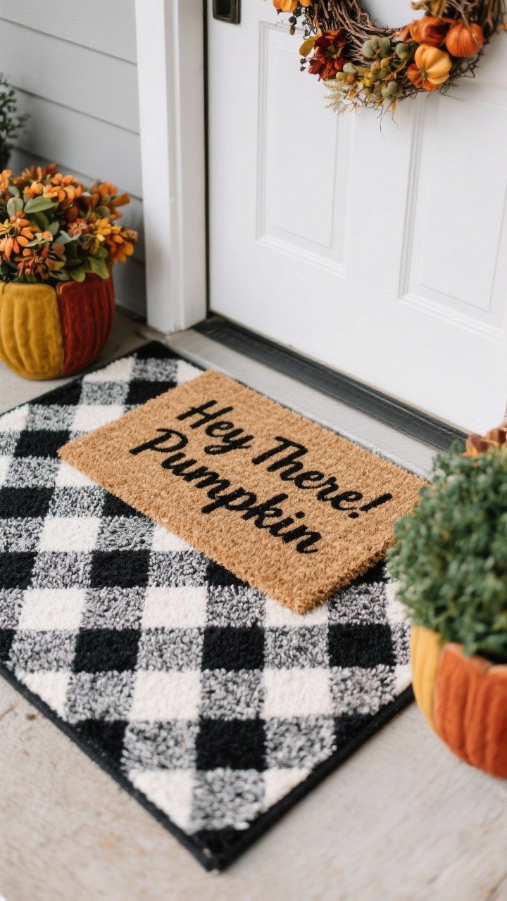 Closeup, straight-on view of a layered doormat setup at a front door: a 3x5 bold black-and-cream buffalo plaid base rug with a smaller natural coir mat centered on top that reads “Hey There, Pumpkin” in crisp black lettering; autumnal color palette pulled from a matching wreath and planters in rust, mustard, and forest green; soft overcast daylight, sharp detail of coir texture and woven plaid fibers, no people.