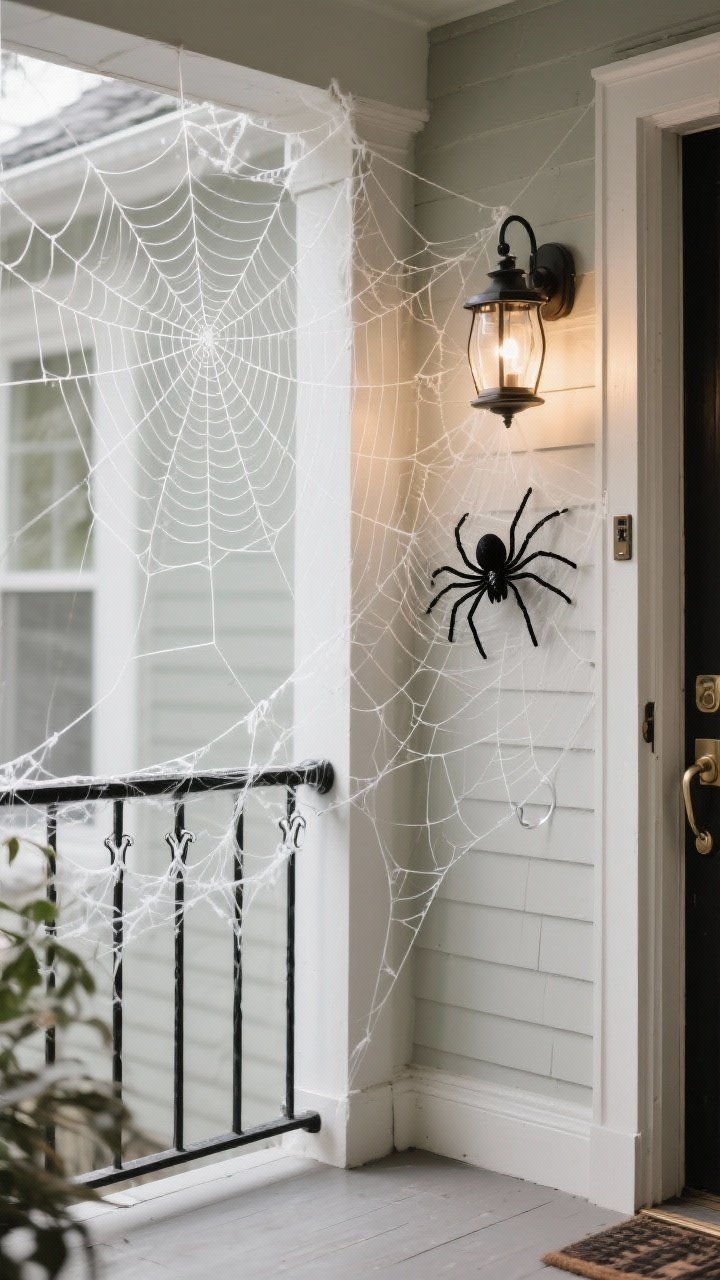 Corner-angle medium shot of classy cobwebs: strategic faux webbing stretched thin from a doorframe to a railing and a lantern handle, anchored with clear hooks and fishing line; a single large black statement spider placed off-center; minimal, airy webs that look realistic, with a tidy porch corner ready as a selfie spot; soft side lighting for definition.