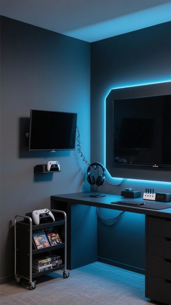 Corner medium shot of a sleek gaming setup integrated with the room: a wall-mounted widescreen monitor/TV with cords hidden in a paint-matched raceway, subtle bias backlighting behind the display, a controller dock and headset hook mounted under the desk, and a compact rolling media cart holding consoles, games, and a multi-port charging station. Color scheme is neutral—black, graphite, and navy—with one accent color (electric blue) in an LED glow and a small accessory. Evening lighting to show the ambient backlight.
