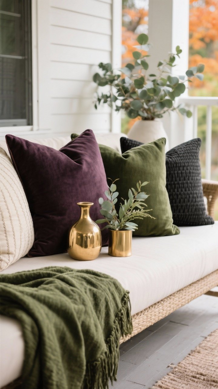 Detail closeup of a non-orange fall color story on a porch: pillows and small decor in aubergine, forest green, and charcoal with brass accents; or neutral luxe moment with cream, taupe, black, and eucalyptus green linen textures; tight focus on fabric weaves and metal finishes; diffused daylight for a refined, upscale look.