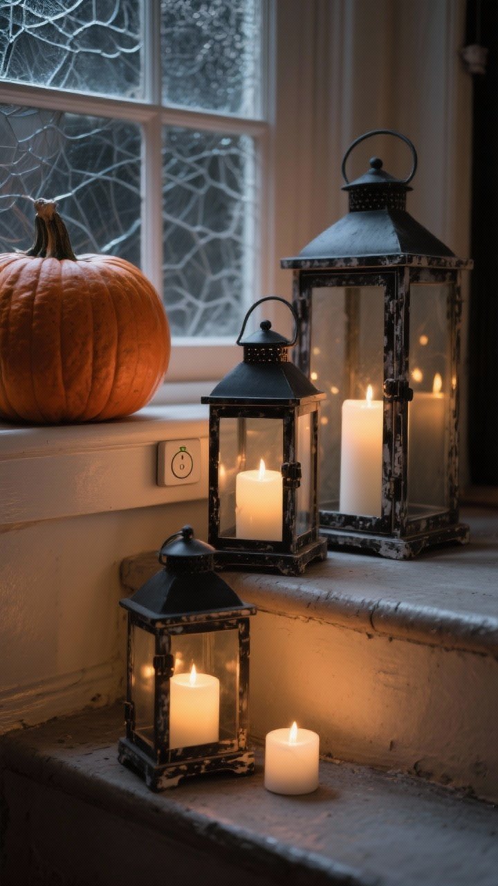 Detail closeup of layered candlelight: a trio of battery-operated candles and LED tea lights at varied heights inside weathered black lanterns and on a step, warm white glow set to flicker mode reflecting off a pumpkin and frosted window film behind; include a timer switch visible on one candle to emphasize safety, creating cozy, haunted ambiance.