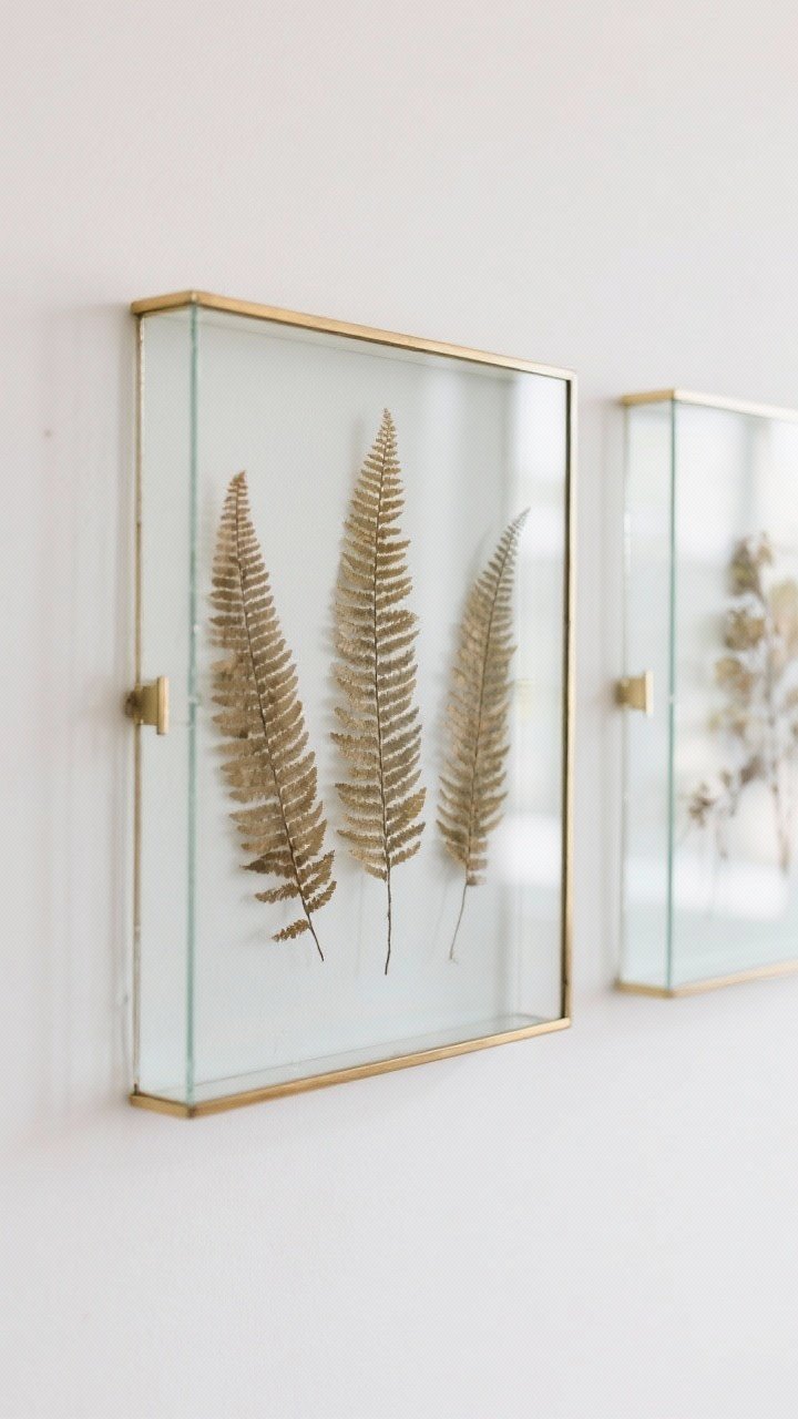 Detail closeup of pressed botanicals in floating glass frames: trio of oversized fern fronds arranged with generous negative space, mounted between two panes of glass with thin brass edges; leaves flattened with crisp veins visible, slight color retention suggesting desiccant use; minimalist wall in soft white; clean, scientific-specimen feel; subtle reflections and rim light on glass edges; composition leaves breathing room around each leaf, elegant and organic.