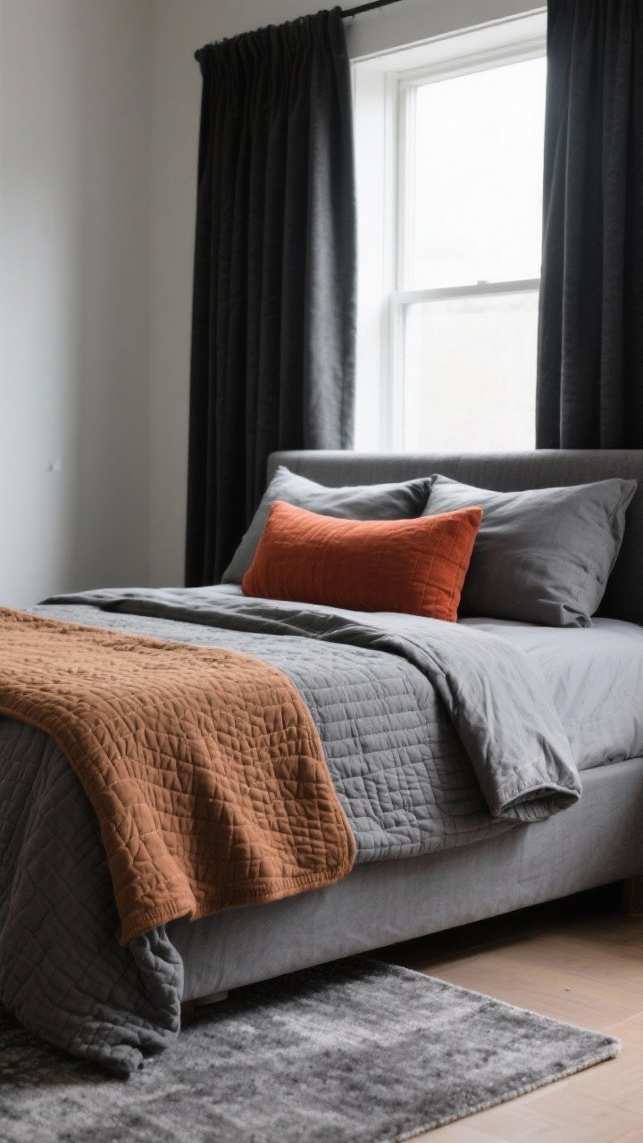 Detail closeup of textiles on a made bed: base neutrals in slate gray and tan with a single accent color (rust) shown in a lumbar pillow. A textured quilt/coverlet with a folded duvet at the foot, two standard pillows plus the rust lumbar. In the foreground, a low-pile rug in gray peeks out from under the bed (5x7/6x9 scale implied). Blackout curtain panels mounted high and wide frame a window, fabric reads as performance/washable; daylight emphasizes weave and texture.
