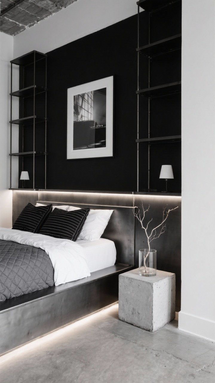 Detail closeup, straight-on: Monochrome metal loft vignette focusing on a powder-coated steel platform bed with integrated nightstands against a lamp black accent wall. Textural layers of white percale sheets, a graphite quilt, and black pinstripe pillows. Built-in black metal shelving with clean grid lines partly in frame, linear LED strip beneath the headboard casting a floating glow. Large black-and-white photography in thin metal frames and a single concrete cube side table with a minimal dried branch in a glass cylinder. Concrete floors and white walls visible at edges, crisp, gallery-grade lighting.