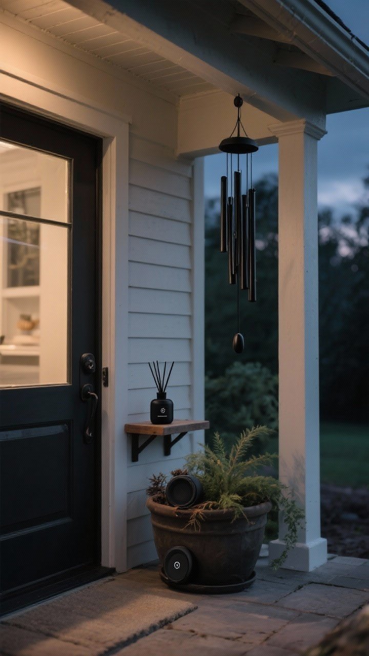Detail shot focused on atmosphere elements near the door: a discreet black Bluetooth speaker tucked behind a planter, a matte black outdoor-safe diffuser gently emitting cedar-clove scent on a small side shelf, and slim black wind chimes hanging from the porch beam; evening setting with subtle, moody lighting, no overt jump-scare props.