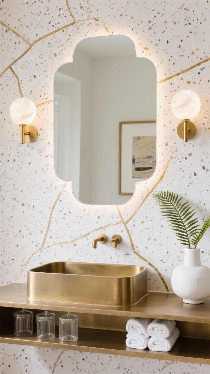 Detail shot, straight-on: A stepped-edge mirror centered on a feature wall of white terrazzo with brass inlays forming subtle geometric paths. Symmetrically placed alabaster disc sconces glow warmly on either side. Below, a brushed brass console sink with an open lower shelf showing neatly rolled towels. Clear glass canisters, a narrow brass-framed art print, and a single fern in a white vase add calm elegance. Soft ambient lighting, photorealistic.